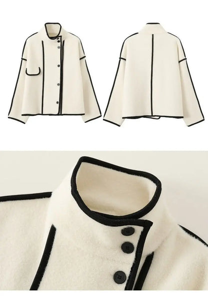 New Women's Double-Sided Woolen Coat Autumn Winter Loose Short Cardigan Outerwear Female Casual Stand-up Collar Jacket Top 3XL