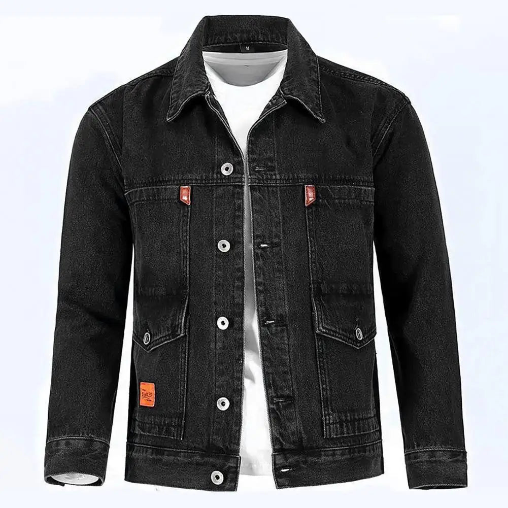 Trendy Denim Jacket Turn-down Collar Men Coat Long Sleeves Mid Length Spring Denim Coat  Thermal
