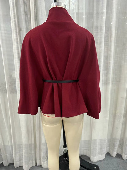 Women's Spring Fashion Cloak with Belt Simple Batwing Sleeves Adjustable Waist Strap Elegant Coat for Ladies