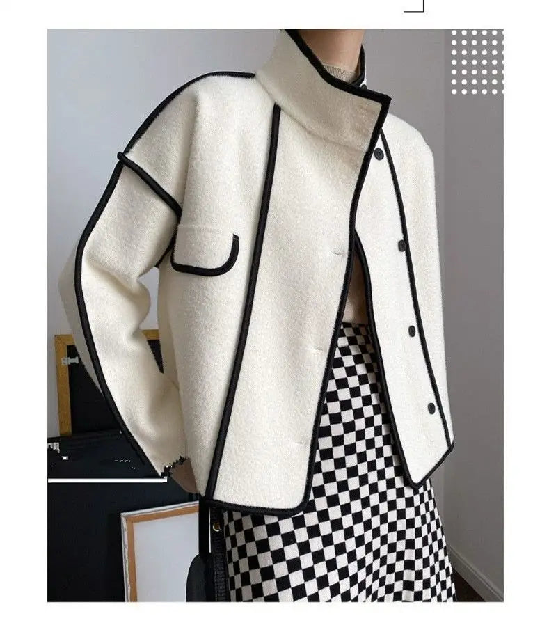 New Women's Double-Sided Woolen Coat Autumn Winter Loose Short Cardigan Outerwear Female Casual Stand-up Collar Jacket Top 3XL