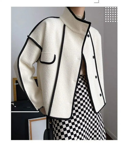 New Women's Double-Sided Woolen Coat Autumn Winter Loose Short Cardigan Outerwear Female Casual Stand-up Collar Jacket Top 3XL