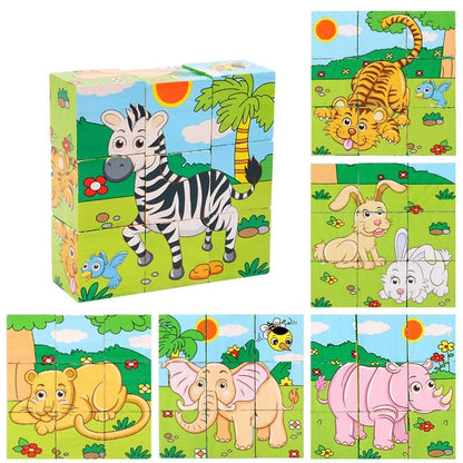 Early Learning Educational Toys Baby Wooden Blocks Toys Animal Fruit Traffic Cognize Children Six Side Cube Jigsaw Puzzles Game