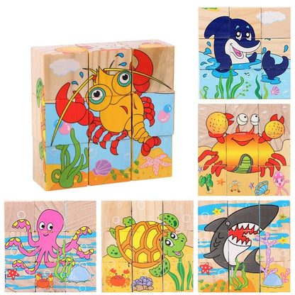 Early Learning Educational Toys Baby Wooden Blocks Toys Animal Fruit Traffic Cognize Children Six Side Cube Jigsaw Puzzles Game