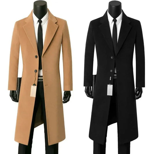 Men's Medium Length Woolen Coat, Business Casual  Warm Windbreaker, Suit Collar, Dad, Autumn, Winter
