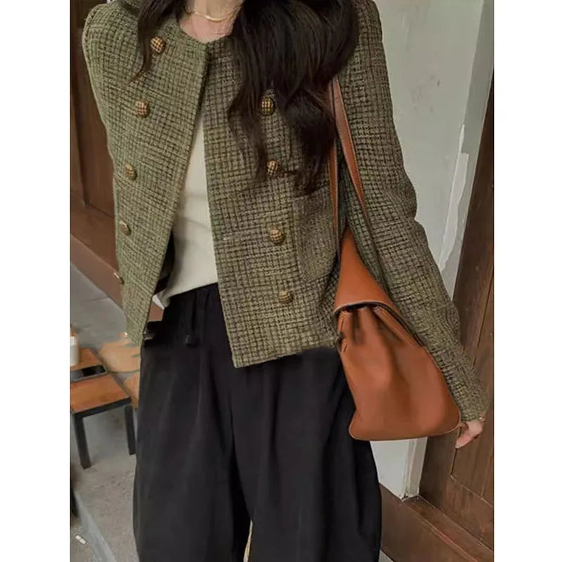 Vintage French Style Cropped Coat Women Korean Fashion Double-Breasted Tweed Jackets Ladies Streetwear Y2K Round Collar Outwear