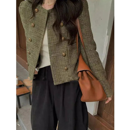 Vintage French Style Cropped Coat Women Korean Fashion Double-Breasted Tweed Jackets Ladies Streetwear Y2K Round Collar Outwear
