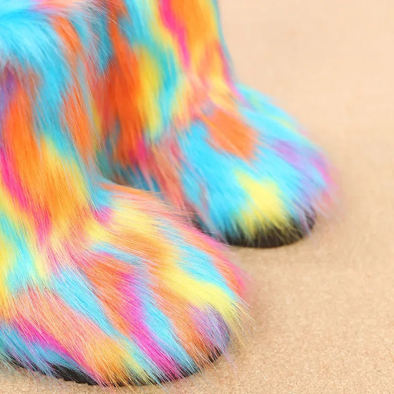 Fashionable Colored Plush Snow Boots Women Winter New Fox Long Hair Comfortable Cotton Shoes Anti Slip Wear-resistant Flat Shoes