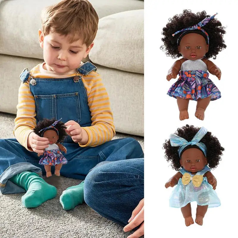 Black Baby Doll 20cm African Black Reborn Girl Doll with Dress Realistic Baby Doll For Kids Silicone Small Toys birthday Gift