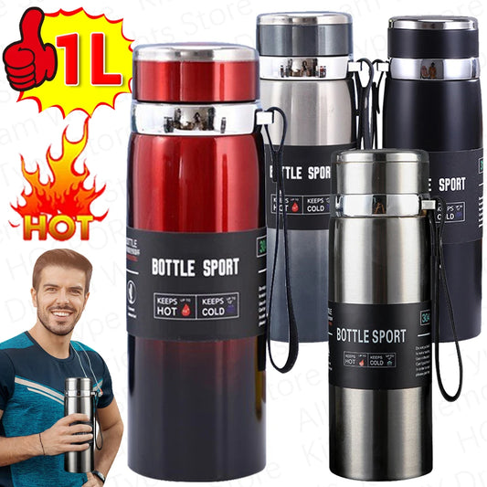 1L Insulated Thermal Cup with Handle Keep Cold and Hot Water Bottle Stainless Steel Vacuum Flasks Thermos Bottle for Outdoor Spo