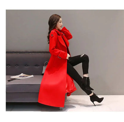 Women's Long Woolen Coat 2023 Spring Autumn New Korean Waist Slimming Over-Knee Thick Keep Warm Woolen Coat Lady Overcoat