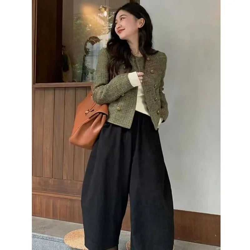 Vintage French Style Cropped Coat Women Korean Fashion Double-Breasted Tweed Jackets Ladies Streetwear Y2K Round Collar Outwear