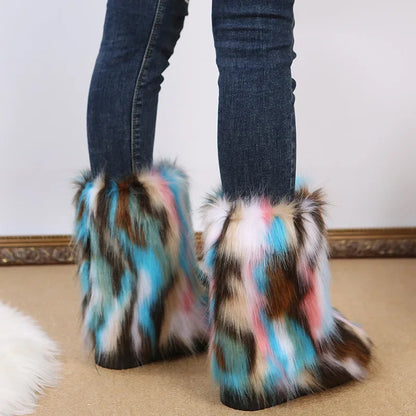 Fashionable Colored Plush Snow Boots Women Winter New Fox Long Hair Comfortable Cotton Shoes Anti Slip Wear-resistant Flat Shoes
