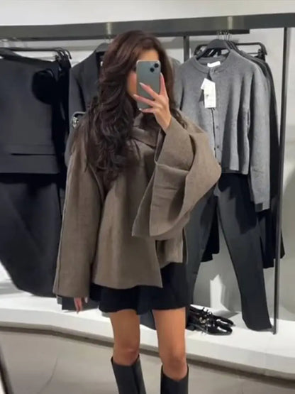 Knitted Short Coat Jacket Shawl Fashion Loose Casual Sleeved Coat Autumn Lady Cape Scarf Collar Outwear Pullover Sweater