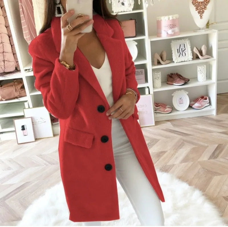Autumn Commuter Women's Solid Color Coat Suit Collar Medium Length Fashion Double Breasted Woolen Coat Elegant Women's Coat