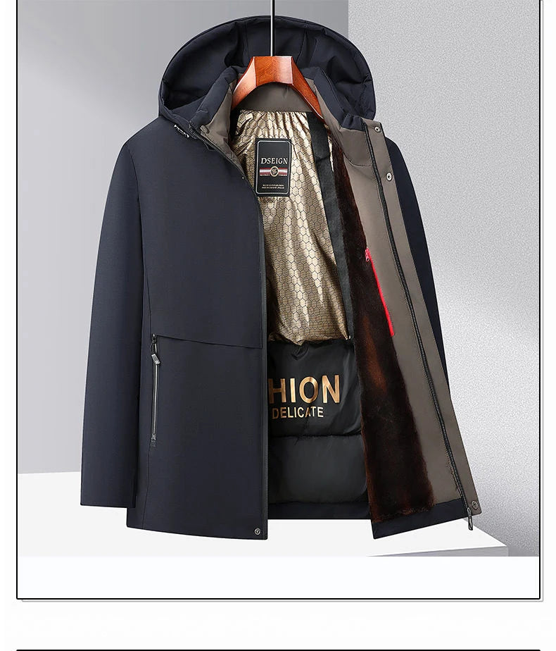 Men Winter Thick Warm Parka Coat Fleece Inside Male Solid Color Hooded Thick Jacket  Men's Middle Long Coat Size