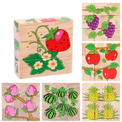 Early Learning Educational Toys Baby Wooden Blocks Toys Animal Fruit Traffic Cognize Children Six Side Cube Jigsaw Puzzles Game