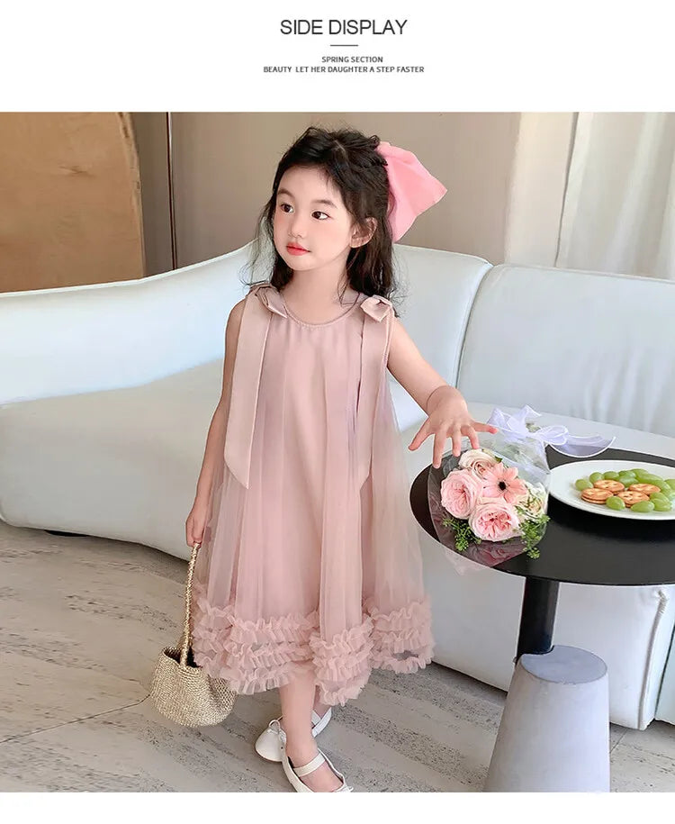 Sleeveless Loose Beach Mermaid Dress Baby Girls Cute Ruffled Pink Bow Lace Irregular Dress Graduation Ball Gown Party Dress 2025