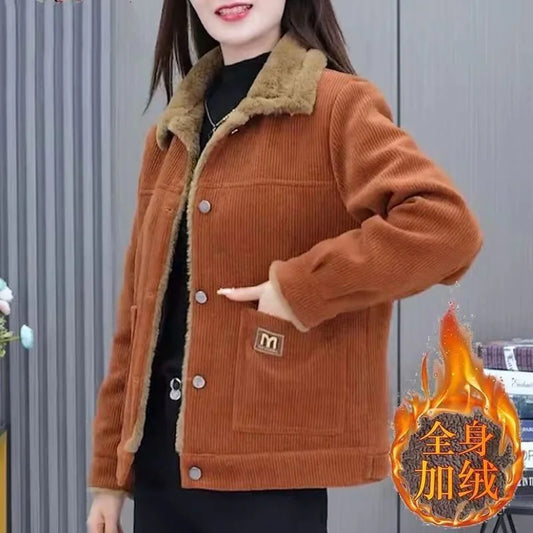 Middle-aged Mother Coat 40 to 50 Years Old 2025 New Fashionable Plus Velvet Warm Corduroy Coat for Women