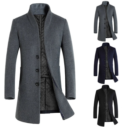 Men Coat Autumn Winter Mid-Length Trench Jackets Casual Solid Single Breasted Long Sleeve Lapel Collar Overcoat Male Slim Jacket