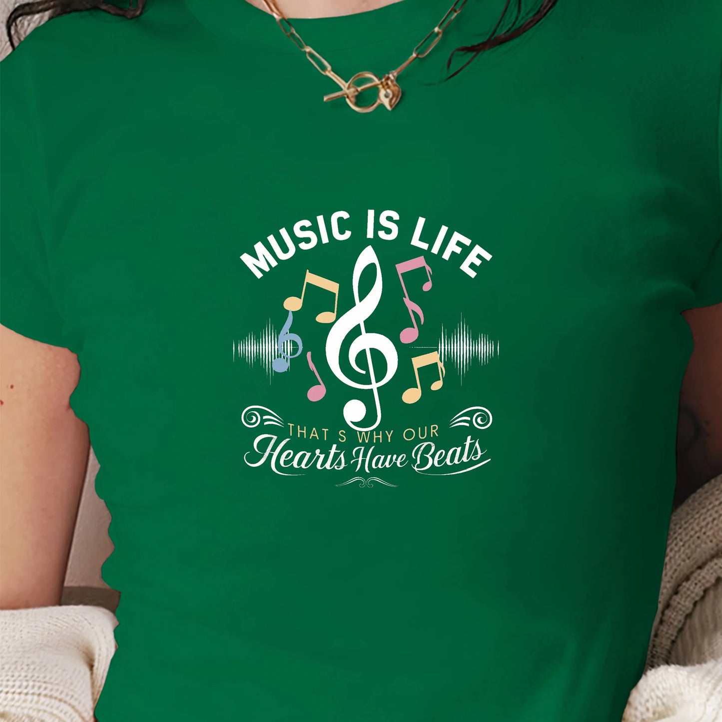 MUSIC IS LIFE Women's Fashion Short T-Shirt Slim Fit Y2K Style with Printed Pattern Knitted Fabric