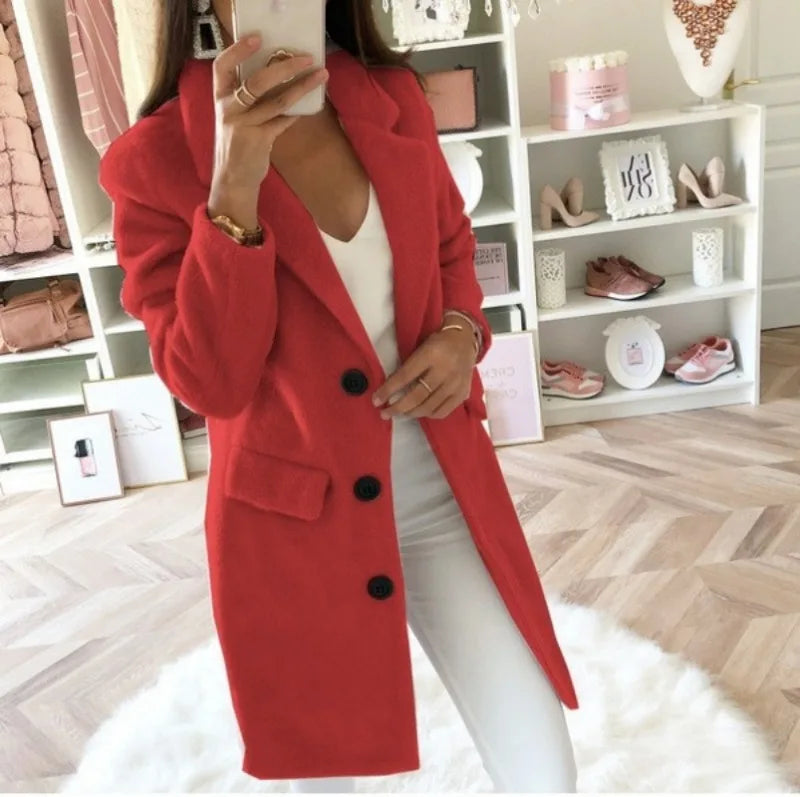 Autumn Commuter Women's Solid Color Coat Suit Collar Medium Length Fashion Double Breasted Woolen Coat Elegant Women's Coat
