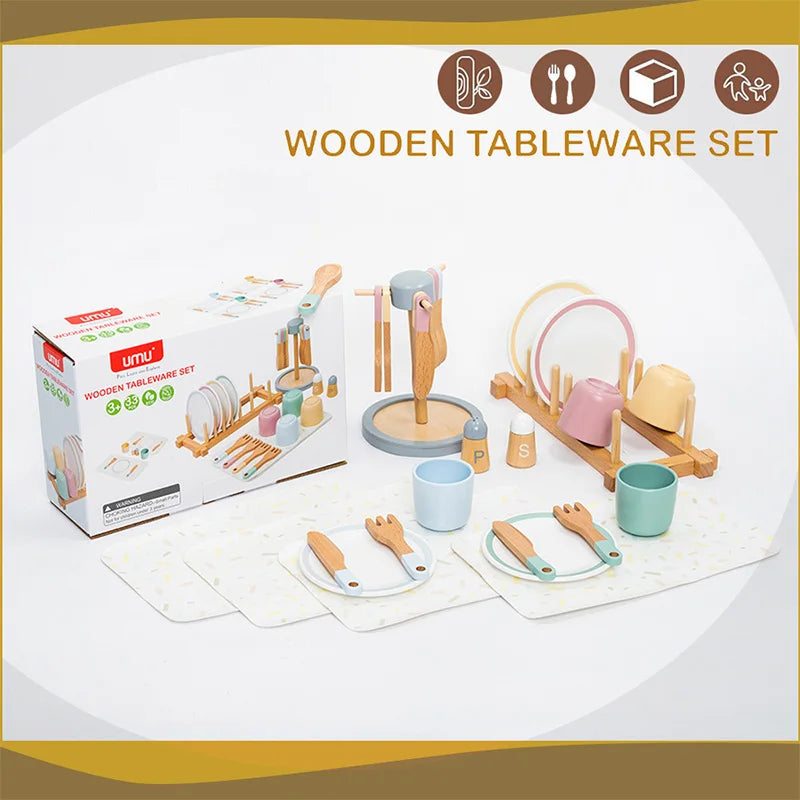 Children Early Education Wooden Tablewear Simulation Restaurant Knife Fork Cup Dish Spoon Western Food Kitchenware Set Wood Toys