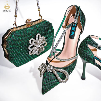QSGFC Latest Party Women's Shoes and Bags Set Pointed Toe High Heels Full Upper Inlaid D.Purple Color Rhinestones