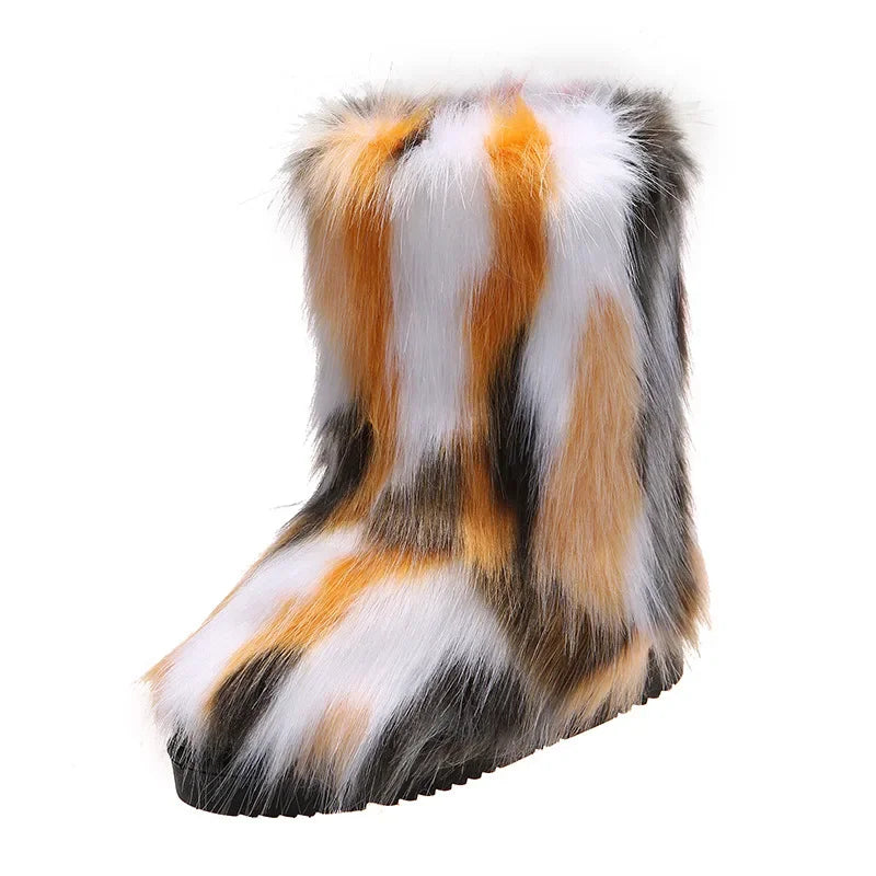 Fashionable Colored Plush Snow Boots Women Winter New Fox Long Hair Comfortable Cotton Shoes Anti Slip Wear-resistant Flat Shoes