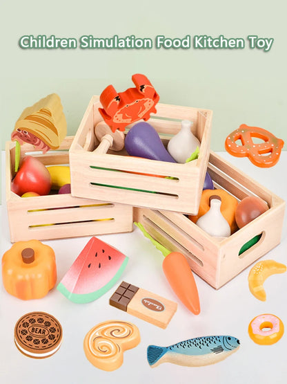Children Wooden Kitchen Dessert Making Toys Pretend Play Montessori Fruits Vegetables Seafood Simulation Food Set Toys for Girls