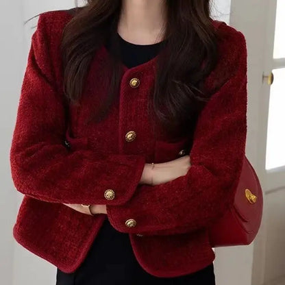2025 New Burgundy Coat for Women in Autumn and Winter French Temperament Versatile Tweed Versatile Top
