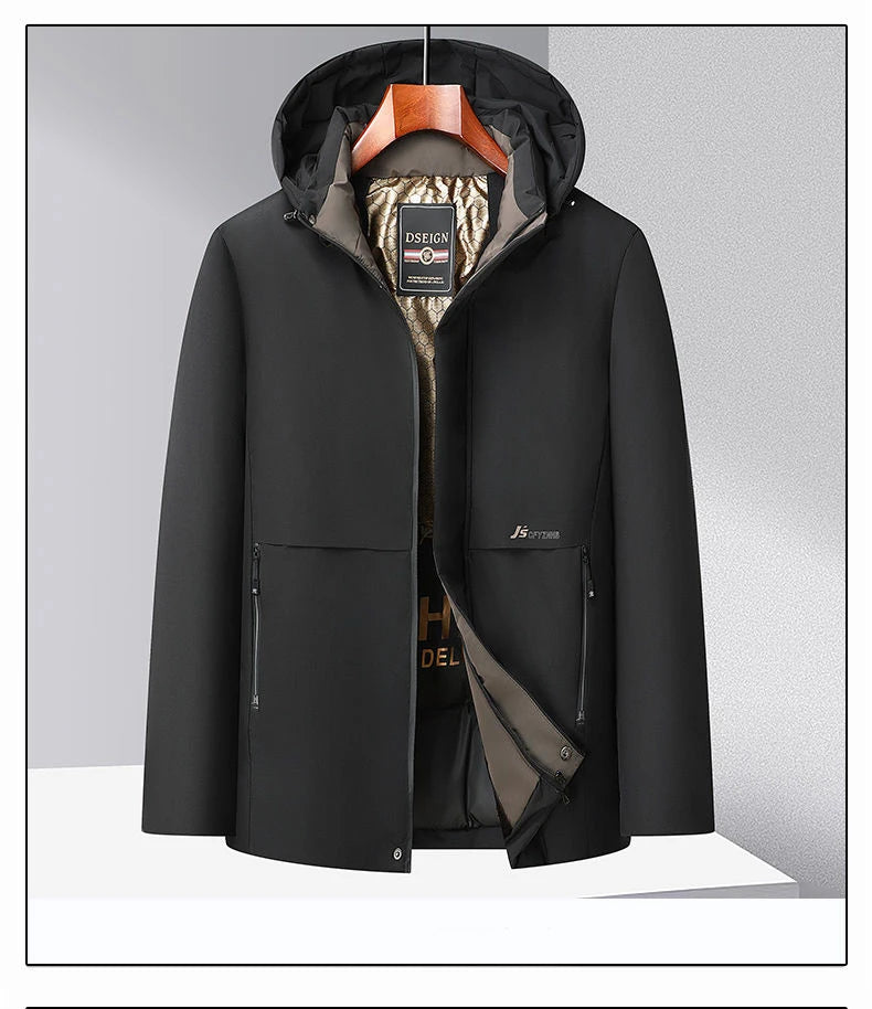Men Winter Thick Warm Parka Coat Fleece Inside Male Solid Color Hooded Thick Jacket  Men's Middle Long Coat Size