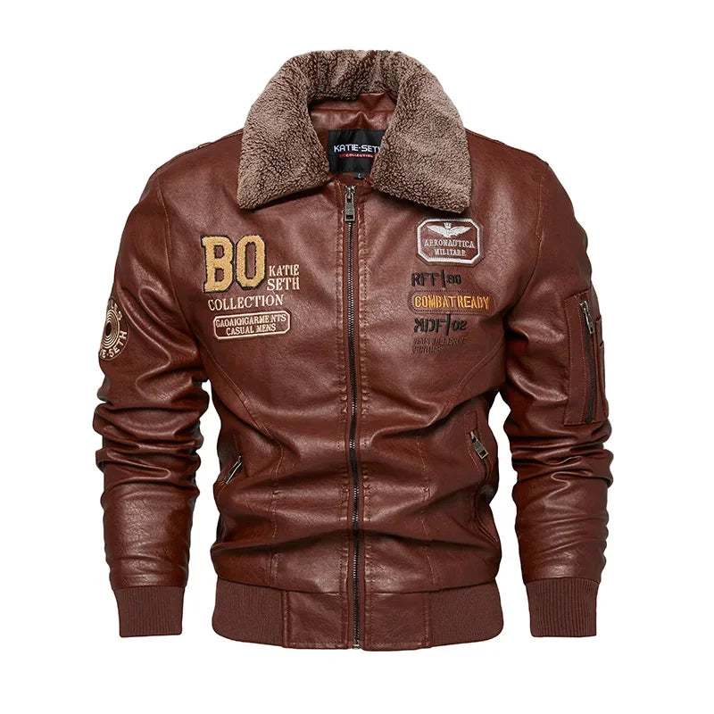 Men's Leather Jacket Fashion High-Quality Detachable Fur Collar Autumn And Winter Thick Coat Original Embroidered Men Clothing