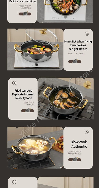30cm Stainless Steel Frying Pan Honeycomb Non-stick Soup Pot wok with lid Home Induction Cooker Gas Stove Stew Kitchen Cookware