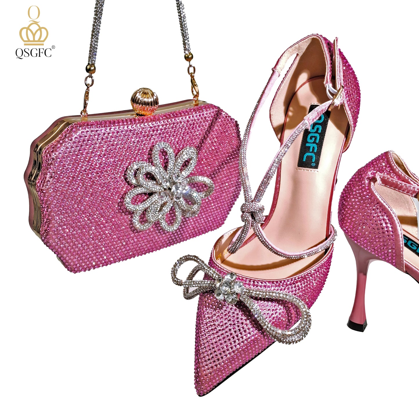QSGFC Latest Party Women's Shoes and Bags Set Pointed Toe High Heels Full Upper Inlaid D.Purple Color Rhinestones