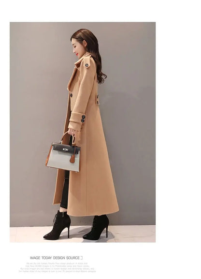 Women's Long Woolen Coat 2023 Spring Autumn New Korean Waist Slimming Over-Knee Thick Keep Warm Woolen Coat Lady Overcoat