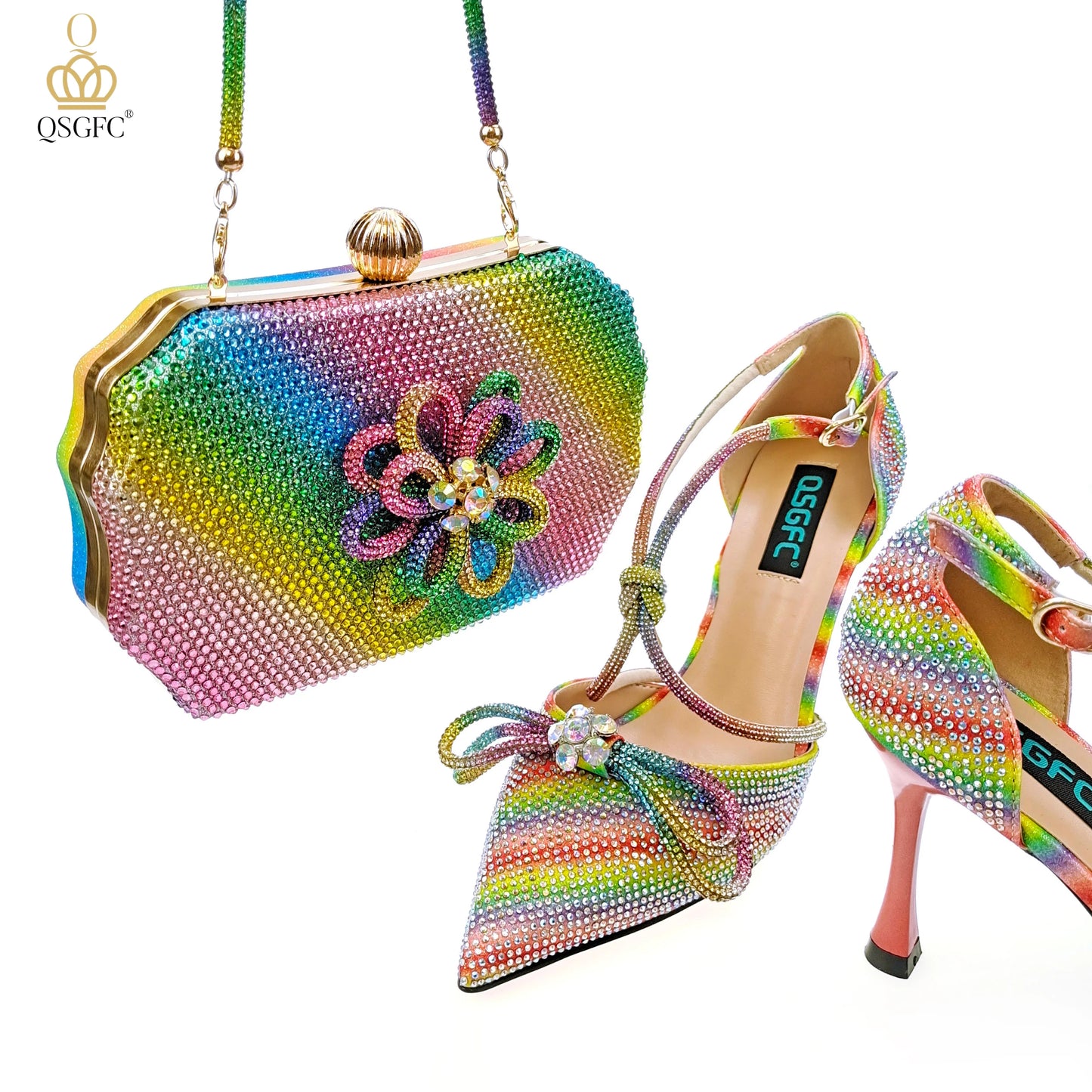 QSGFC Latest Party Women's Shoes and Bags Set Pointed Toe High Heels Full Upper Inlaid D.Purple Color Rhinestones