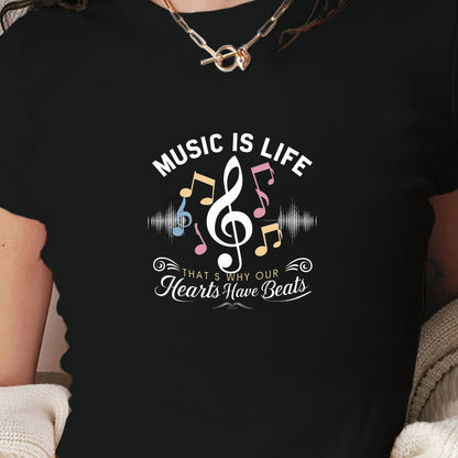 MUSIC IS LIFE Women's Fashion Short T-Shirt Slim Fit Y2K Style with Printed Pattern Knitted Fabric
