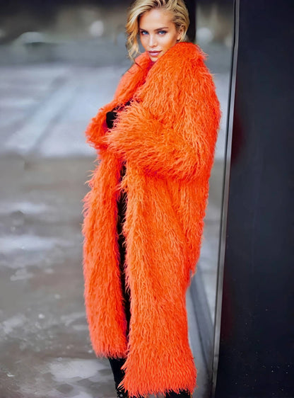 Women'S Elegant Long Faux Fur Coat -  Casual & Comfortable with Pockets, Perfect for Fall/Winter Outdoor Wear, Stylish Long Coat