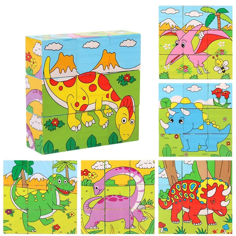 Early Learning Educational Toys Baby Wooden Blocks Toys Animal Fruit Traffic Cognize Children Six Side Cube Jigsaw Puzzles Game