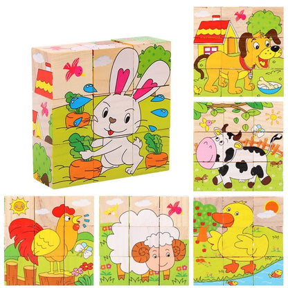 Early Learning Educational Toys Baby Wooden Blocks Toys Animal Fruit Traffic Cognize Children Six Side Cube Jigsaw Puzzles Game
