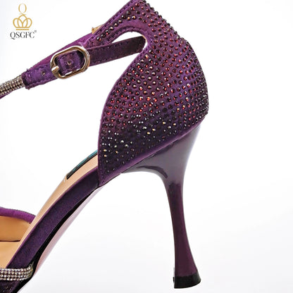 QSGFC Latest Party Women's Shoes and Bags Set Pointed Toe High Heels Full Upper Inlaid D.Purple Color Rhinestones