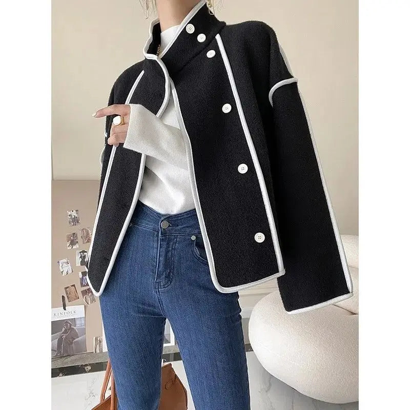 New Women's Double-Sided Woolen Coat Autumn Winter Loose Short Cardigan Outerwear Female Casual Stand-up Collar Jacket Top 3XL