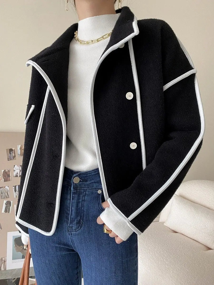 New Women's Double-Sided Woolen Coat Autumn Winter Loose Short Cardigan Outerwear Female Casual Stand-up Collar Jacket Top 3XL