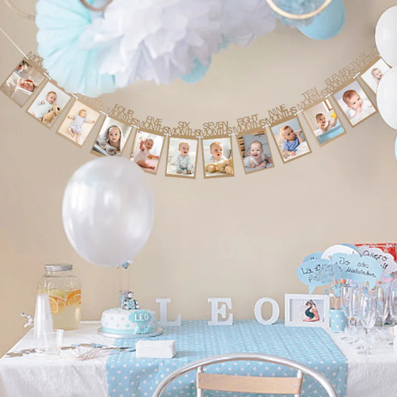 Baby 1st Birthday Decoration Photo Banner 12Months Photo Props Boy Girl One Year First Birthday Party Photograph Bunting Garland