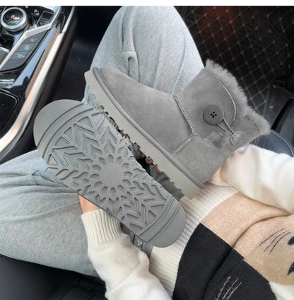 One button low cut, high-end quality 2-in-1 genuine leather, real wool, sheepskin fashionable and warm chestnut thick snow boots