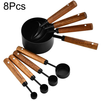 1/4/8Pcs Measuring Cup Spoon Sets Stainless Steel Wooden Handle Coffee Flour Scoop Bartending Scale Kitchen Cooking Gadget Sets