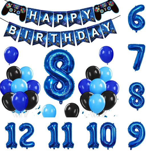 Gamepad Balloons Game On with Blue Digit Number Balloon Children's Birthday Party Decorations Game Theme Party Supplies
