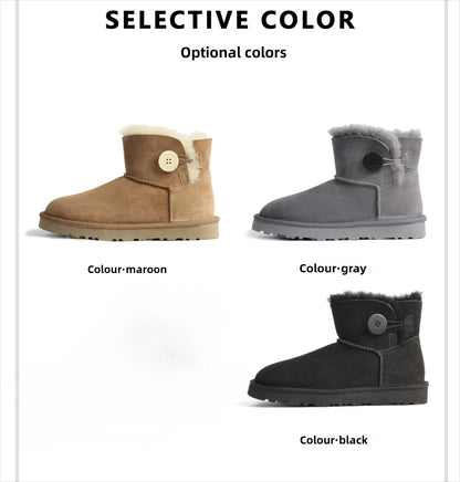 One button low cut, high-end quality 2-in-1 genuine leather, real wool, sheepskin fashionable and warm chestnut thick snow boots