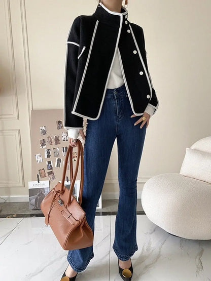New Women's Double-Sided Woolen Coat Autumn Winter Loose Short Cardigan Outerwear Female Casual Stand-up Collar Jacket Top 3XL