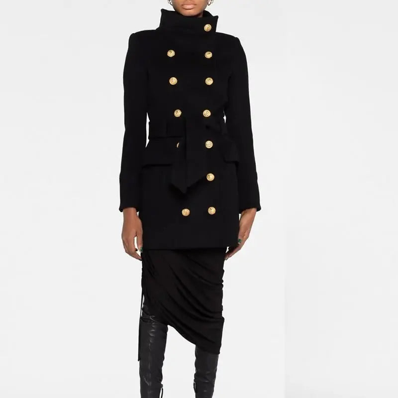 Women New Winter Black Wool Coat Gold Double Breasted Long Sleeve Coat